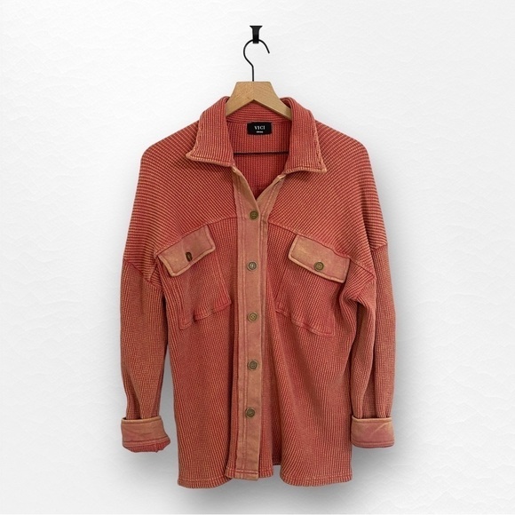 Vici Oversized Waffle Knit Button Down Shacket Shirt in Dusty Rose, Size Small - Picture 3 of 8